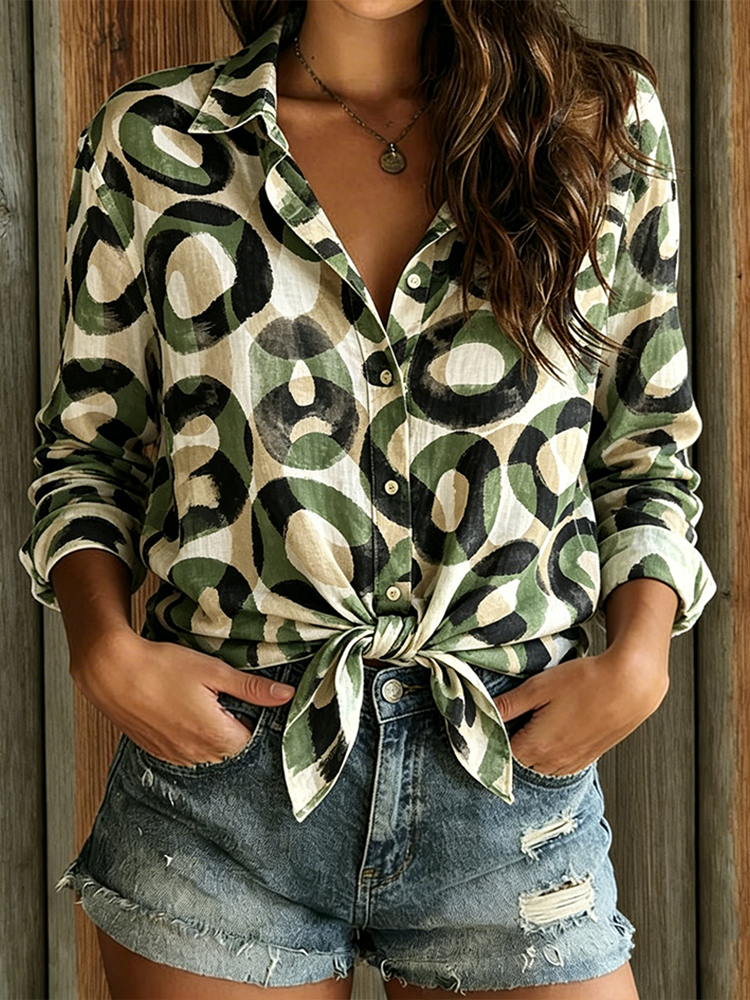 Comstylish Retro Geometric Pattern Design Casual Linen Shirt