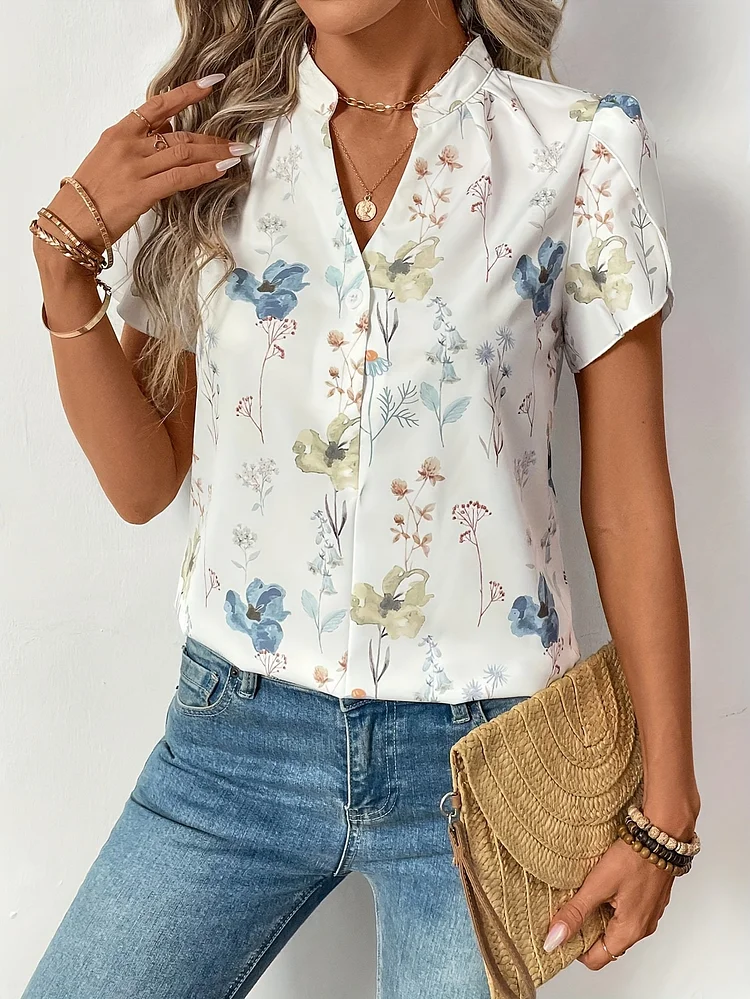 Women's Elegant V-Neck Floral Print Blouse With Ruffle Sleeves - Lightweight Polyester, Machine Washable, Pastel Floral Print On White, Spring/Summer Casual & Semi-Formal Wear, Floral Blouse, Vneck Blouse, Breathable Fabric, Spring Fashion