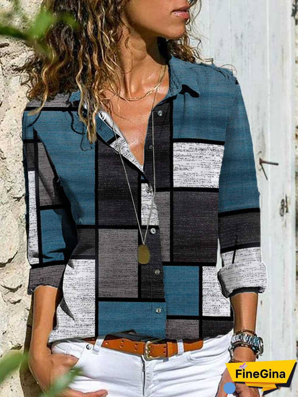 Color Block Printed Casual Loose Blouse