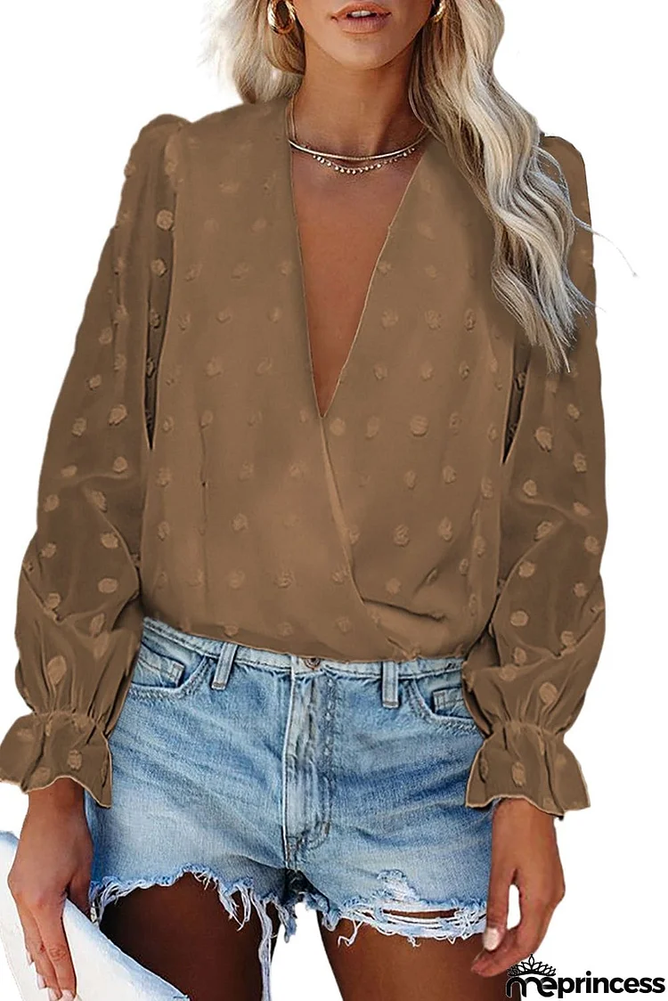 Polka Dot Print Deep V Neck Blouse