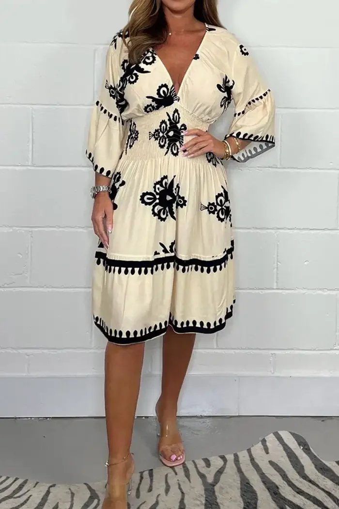 Irregular Printing V Neck Dress
