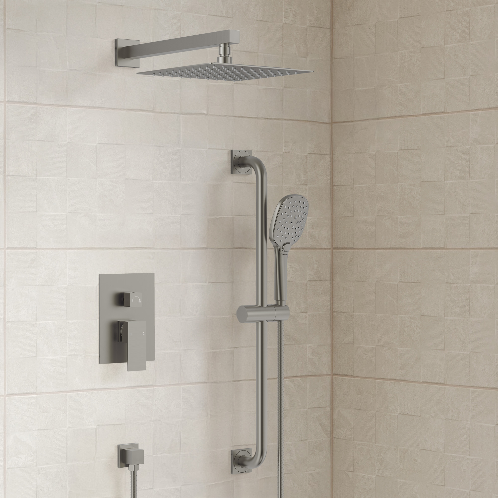 10" 2-Spray Wall-Mounted Rain shower System with Built-in Rough-in Valve, Brushed Nickel