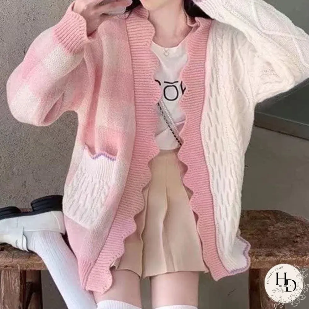 Lattice Print Colorblock Pocket Loose Cardigan Sweater