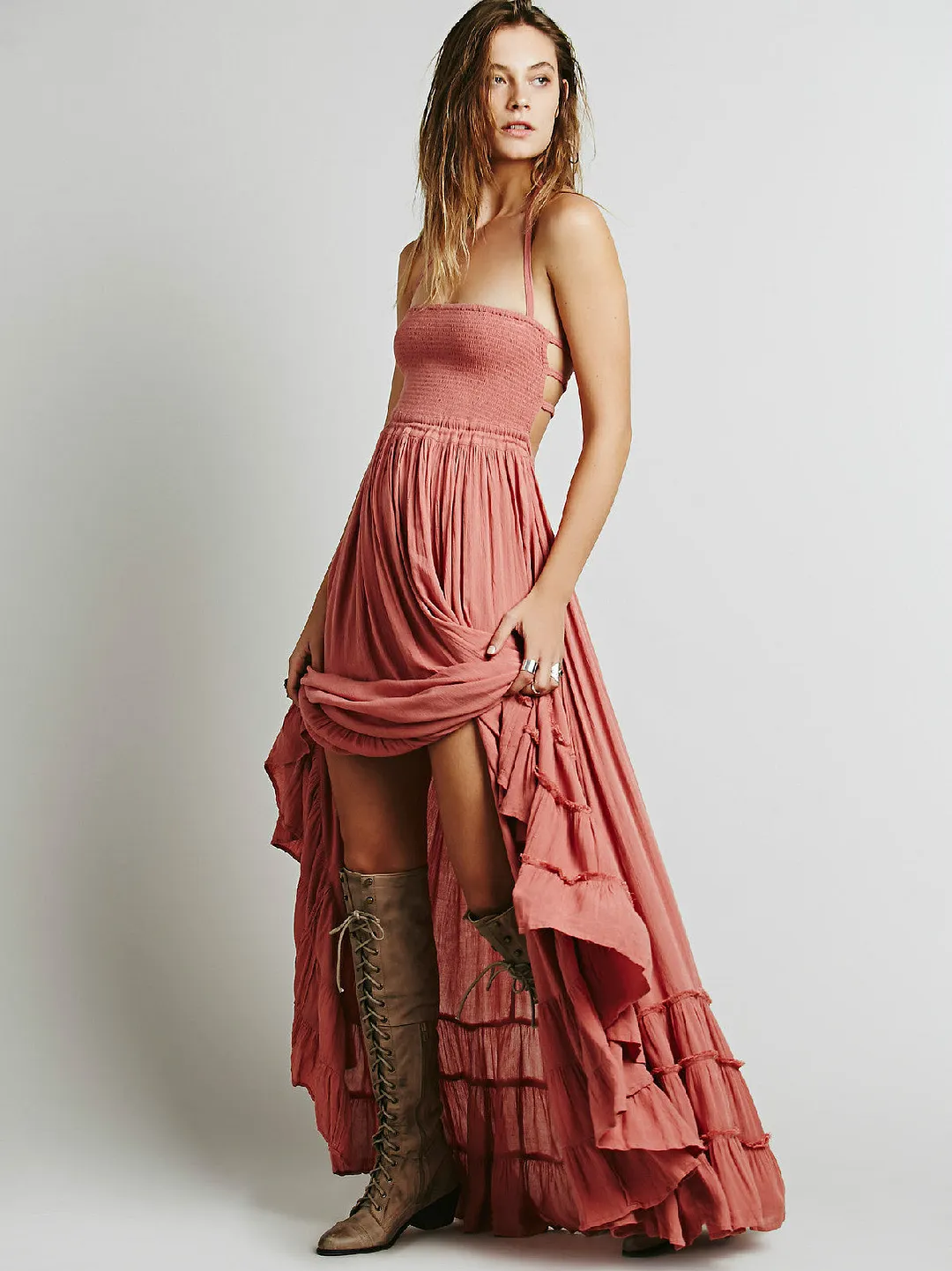 Brownm Backless Bohemian Beach Maxi Cotton Dress Dresses