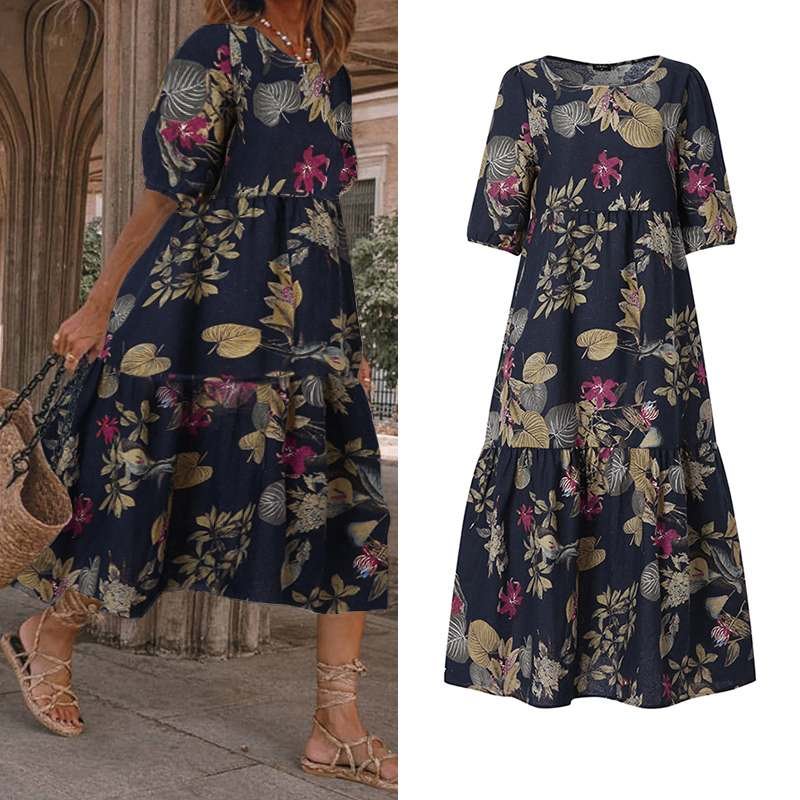 Summer Midi Dress Women's Party Dress Bohemian Short Sleeve Sundress Floral Printed Dress VONDA Casual Robe Femme