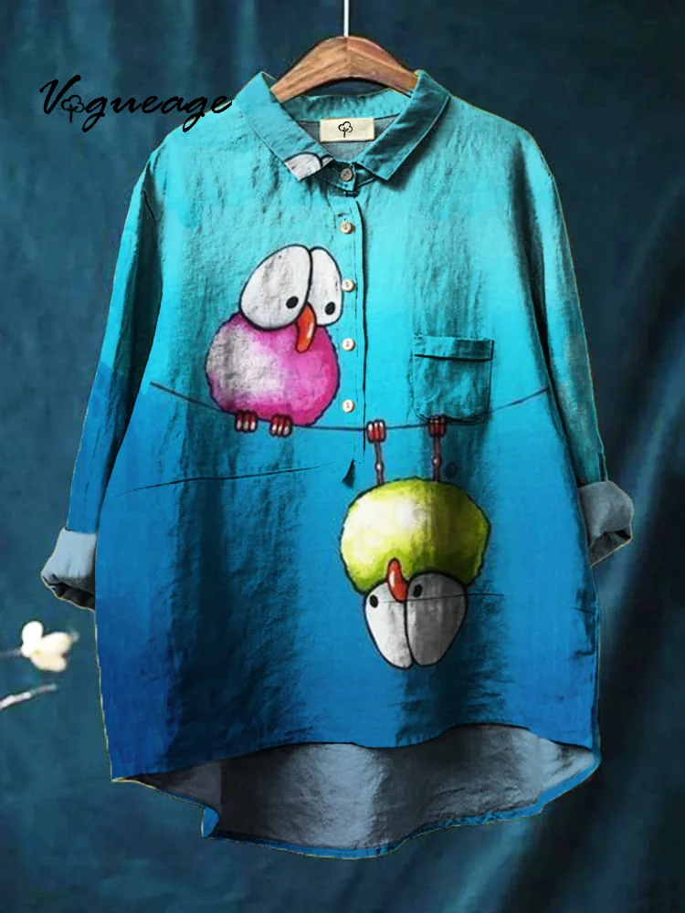 Simple Casual Generous And Interesting Animals Print Cotton And Linen Shirt