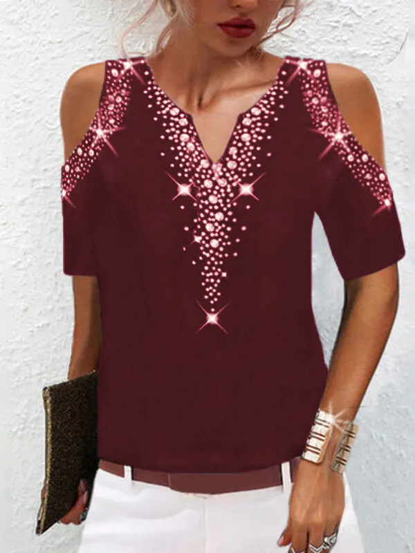 Women's V-Neck Cold Shoulder Short Sleeve Tops