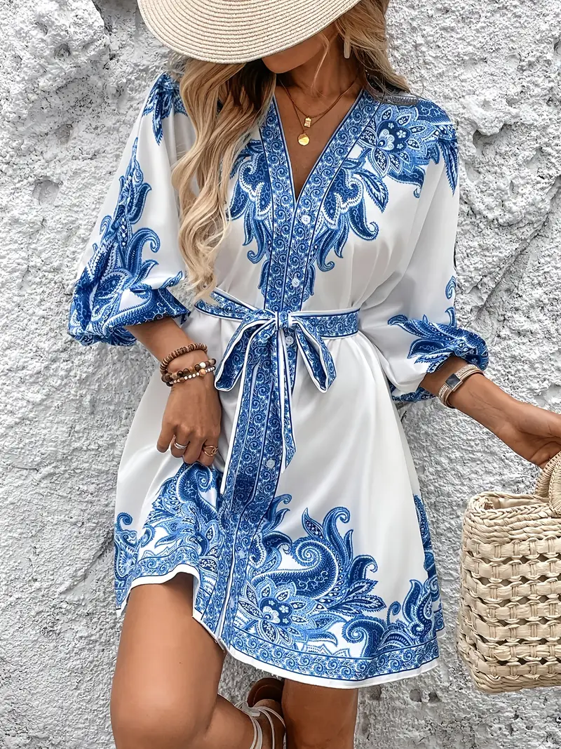 womens paisley print v neck a line dress with waist belt machine washable non stretch fabric   versatile style for casual formal occasions details 1