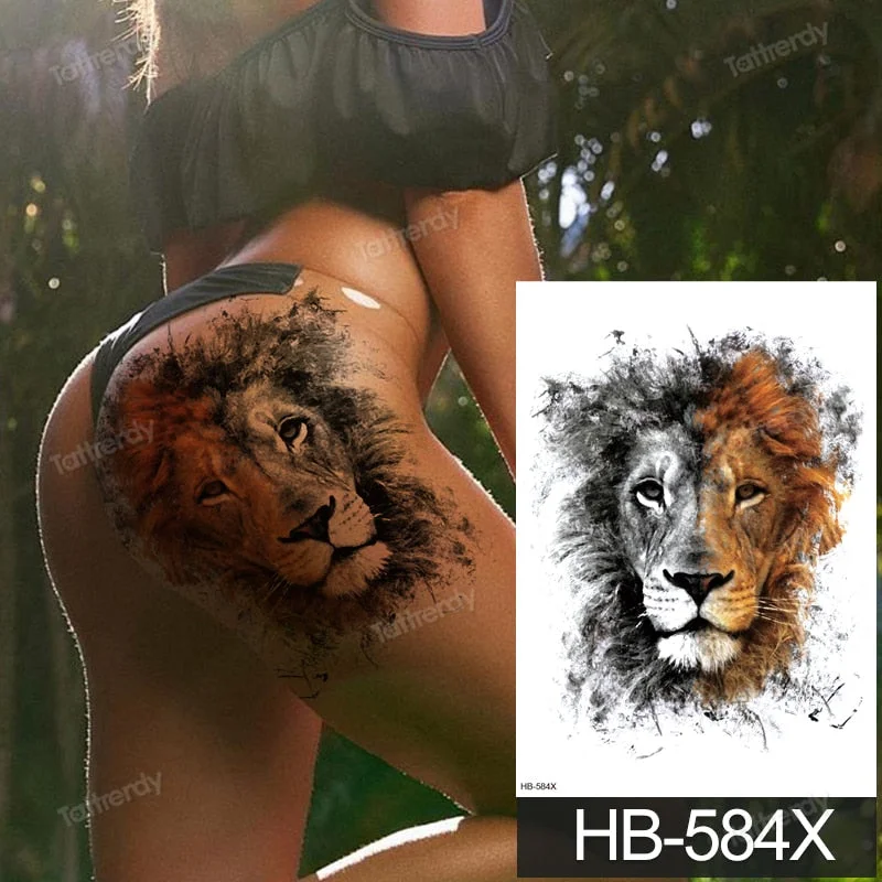 big tattoo anime tiger lion king head thigh leg temporary tattoo for women girls beauty sexy body art sticker tattoos waterproof