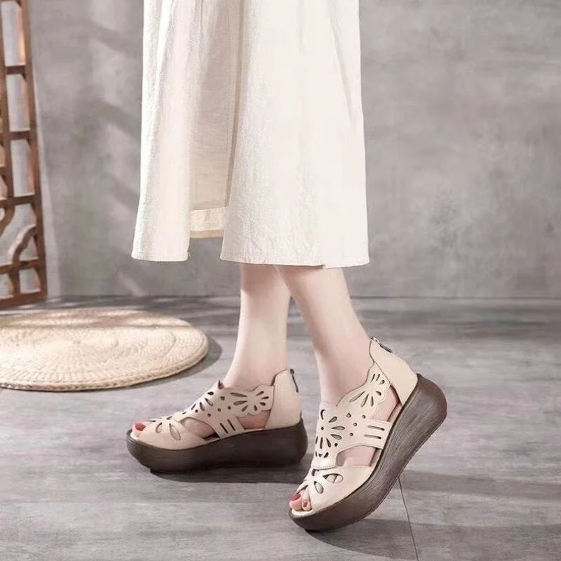 Women's Sandals Genuine PU Leather Handmade Ladies Shoes 2021 Summer Thick Sole Women Retro Sandals Leather Gladiator Sandals