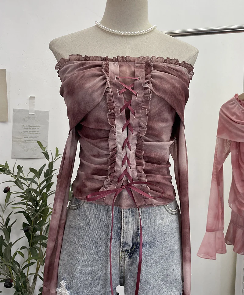 Uveng Vintage Dizzying Rope Tie To Close The Waist Umbilked Short Shoulder Horn Horn Long-Sleeved Top 2592