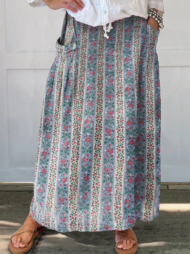 Women's  Flower Art Print  Linen Pocket Skirt