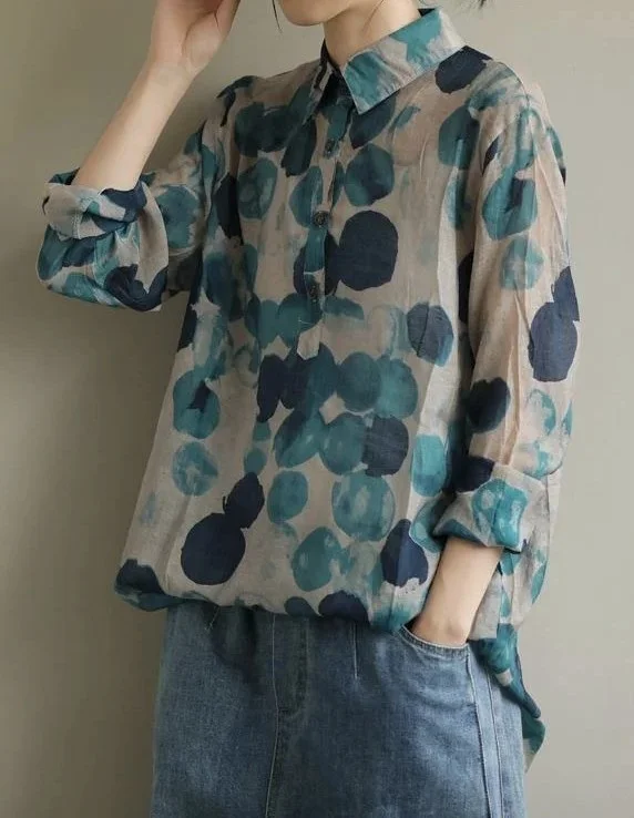 French lapel fall Tunic Wardrobes blue dotted blouses