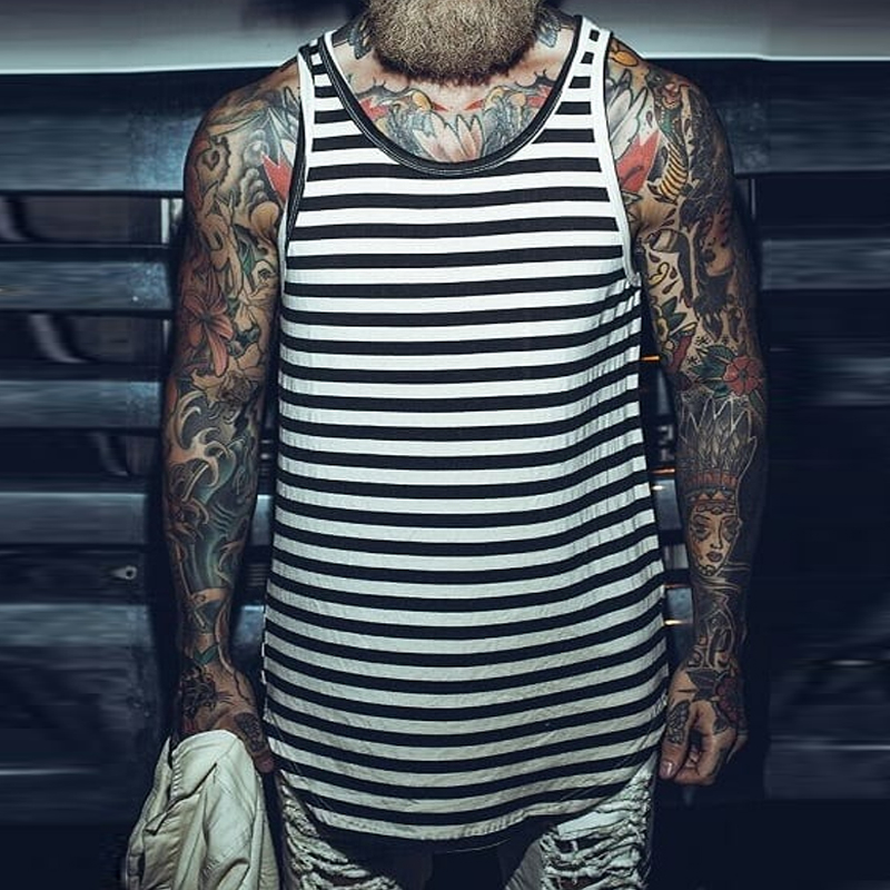 Men's Black And White Striped V-Neck Versatile Summer Vest
