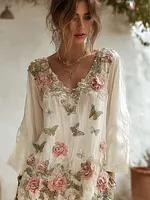 Bohemian Style Plant Flower And Butterfly Pattern Embroidery Design V-neck Woman's Long Dress