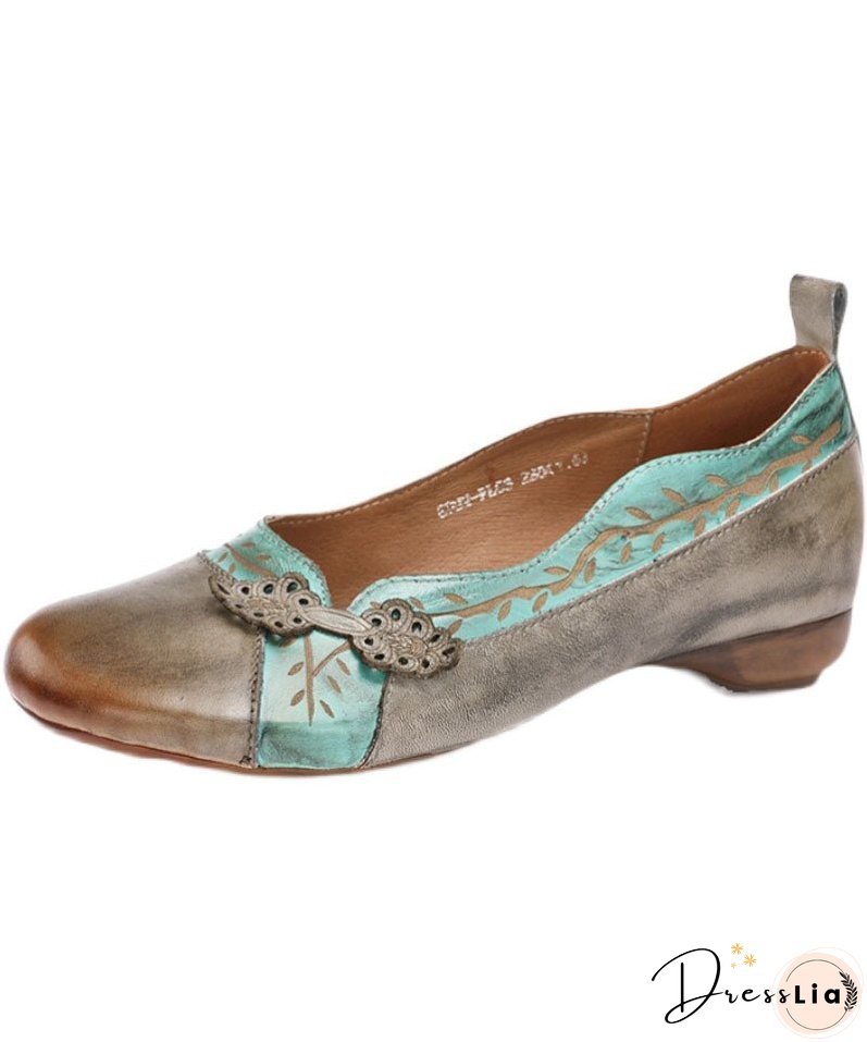 Grey Print Cowhide Leather Flat Shoes For Women Splicing Flats