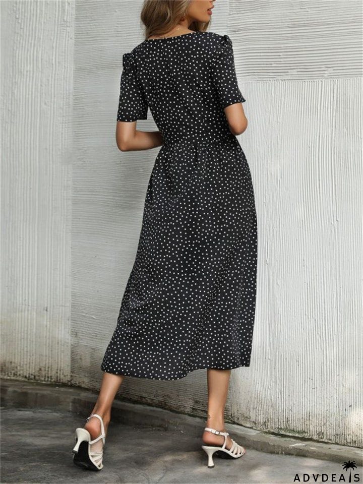 Trendy Style Button Decorated V Neck Polka Dots Printed Dresses