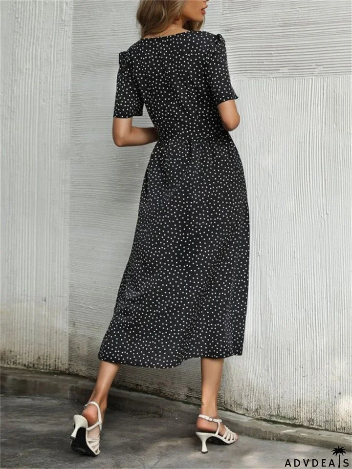 Trendy Style Button Decorated V Neck Polka Dots Printed Dresses