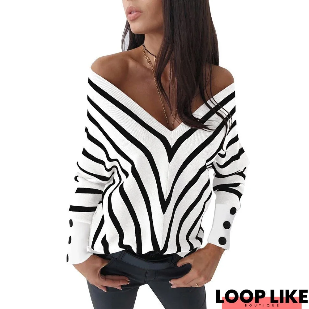 Off-Shoulder Striped V-Neck Loose Long Sleeve Sweater