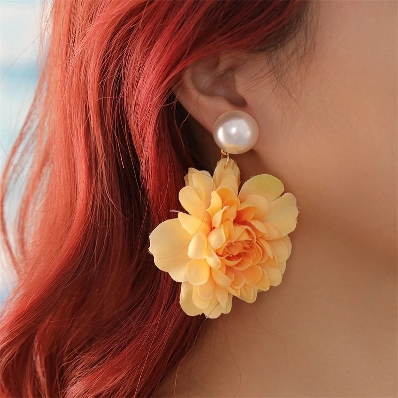 1 Pair Sweet Minimalist Flower Pearl Cloth Drop Earrings
