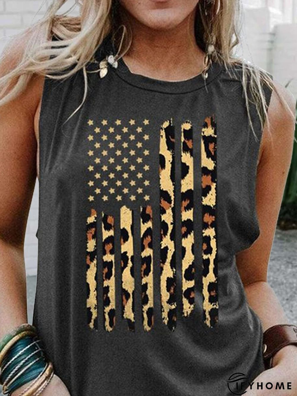 Graphic Sleeveless  Printed  Cotton-blend  Crew Neck  Casual  Summer  Black Top | IFYHOME