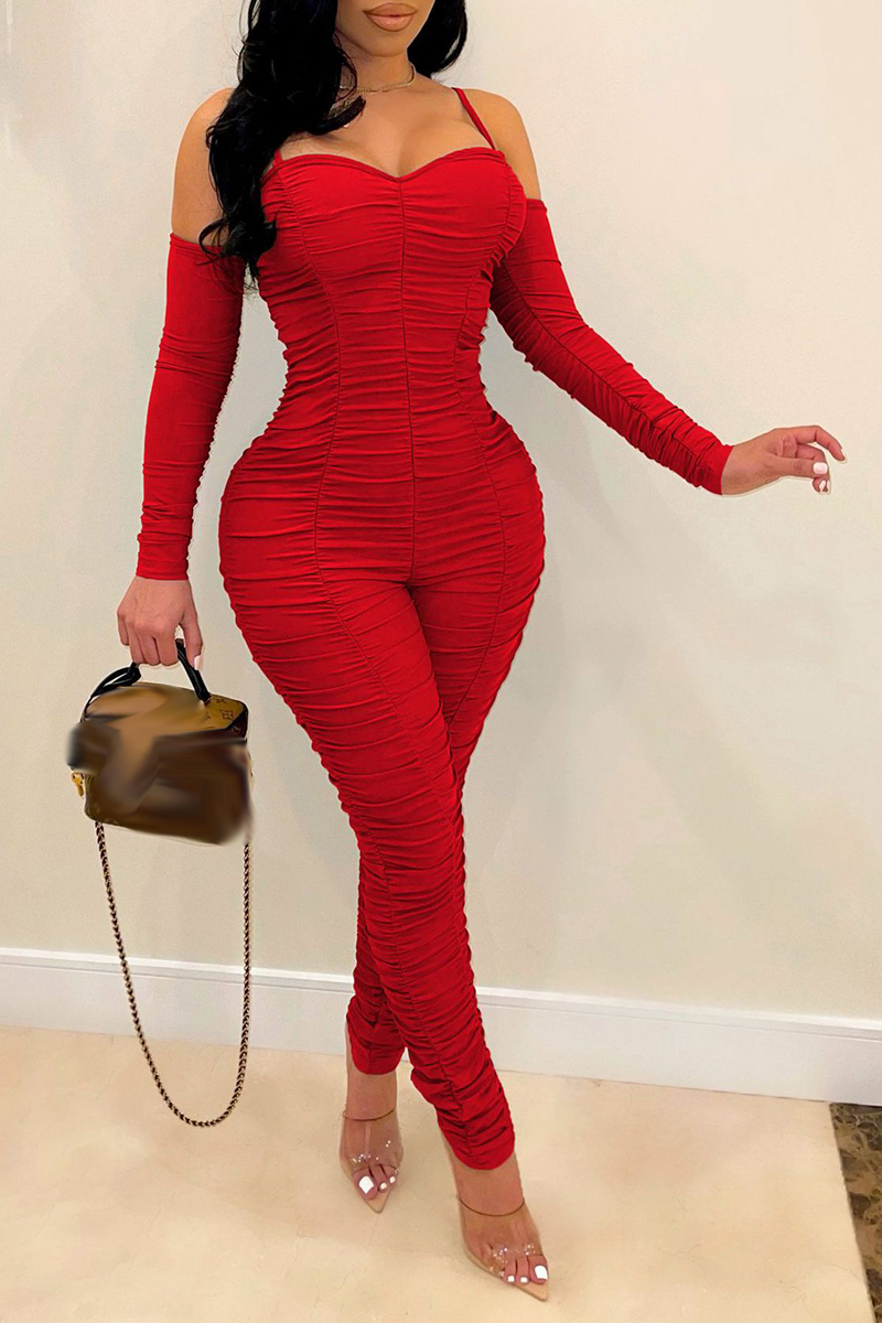 Red Sexy Solid Fold Spaghetti Strap Skinny Jumpsuits | EGEMISS