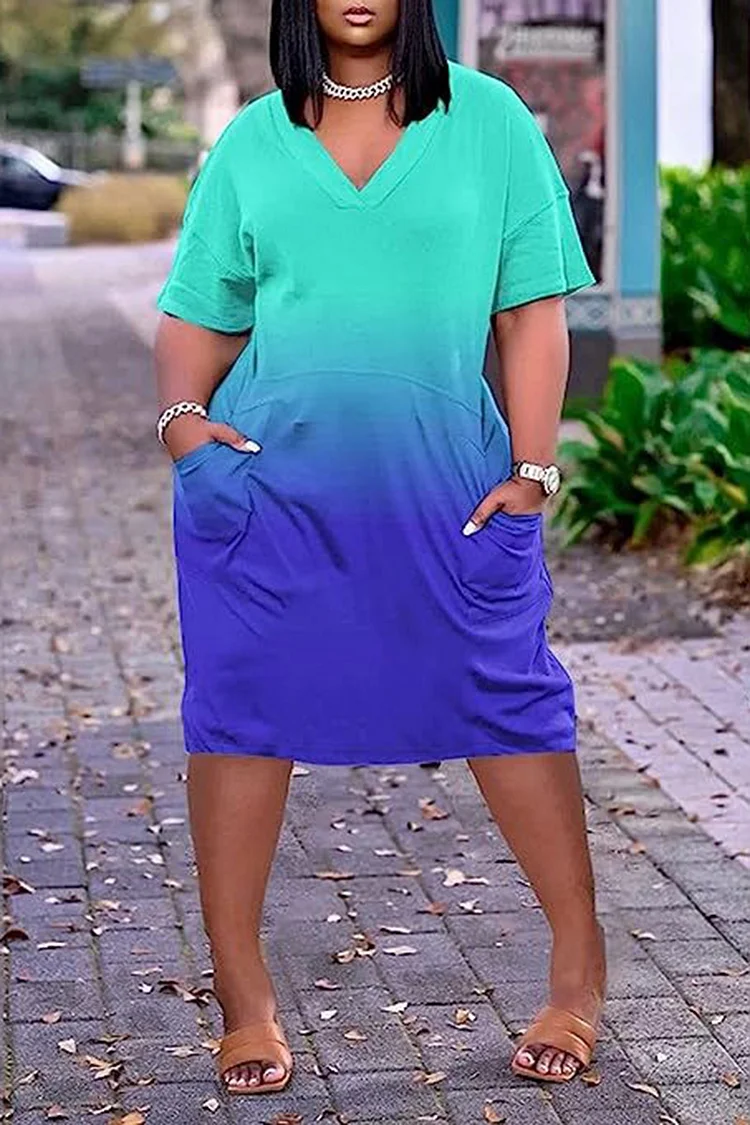 Xpluswear Plus Size Blue Casual Gradient With Pocket V-Neck Midi Dresses