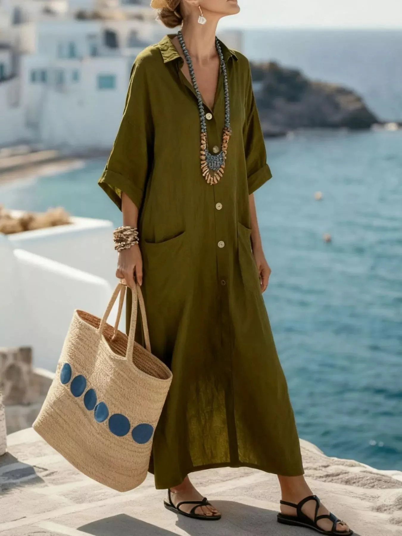 Button Front 3/4 Sleeve Maxi Dress mysite idetrend