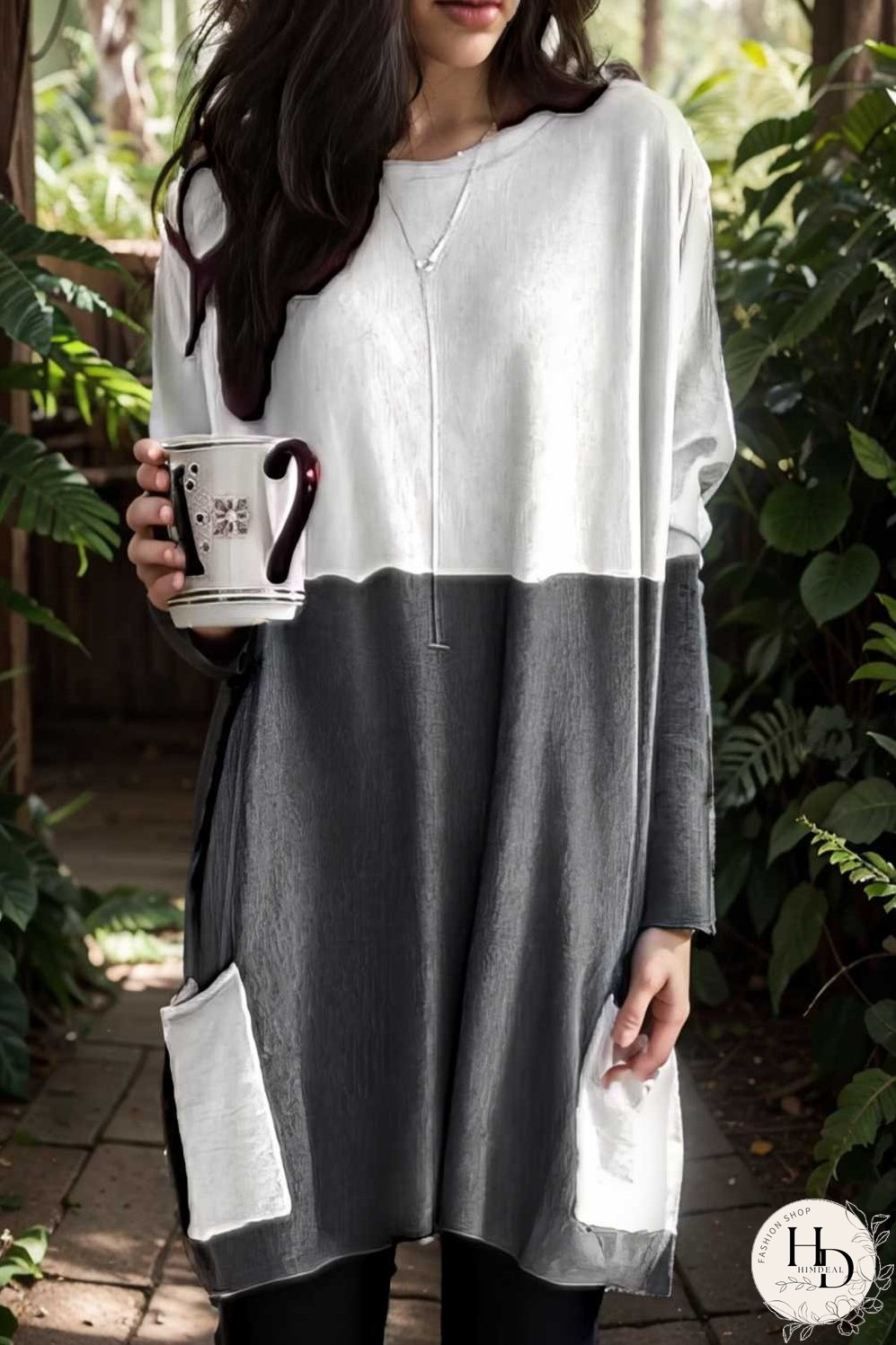 two color stitching pocket loose long sleeve t shirt