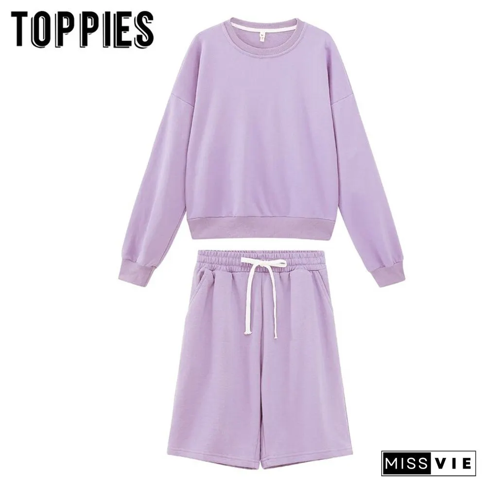 Toppies Women Two Piece Set Tracksuits O-Neck Sweatshirts Elastic High Waist Bermuda Solid