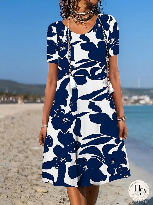 Casual Dress Floral Dress Summer Dress Graphic Floral Pocket Print Crew Neck Midi Dress Fashion Modern Daily Holiday Short Sleeve Loose Fit Aqua Blue White Light Green Summer Spring S M L XL for Women