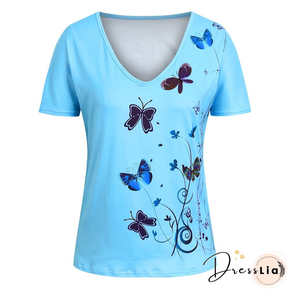Women Short Sleeve V Neck Casual Tops Summer Fashion Butterfly Print Vintage Tops Pullover Female Elegant Streetwear T-Shirt D30