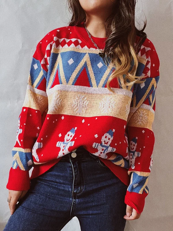 Women's Casual Christmas Sweater New Year Themed Round Neck Long Sleeve Pullover Flusfy