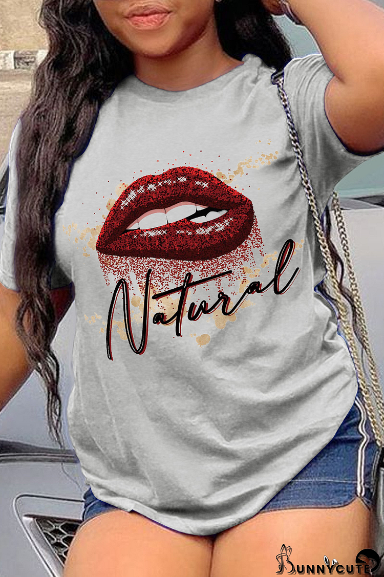 Grey Fashion Street Lips Printed Split Joint Letter O Neck T-Shirts