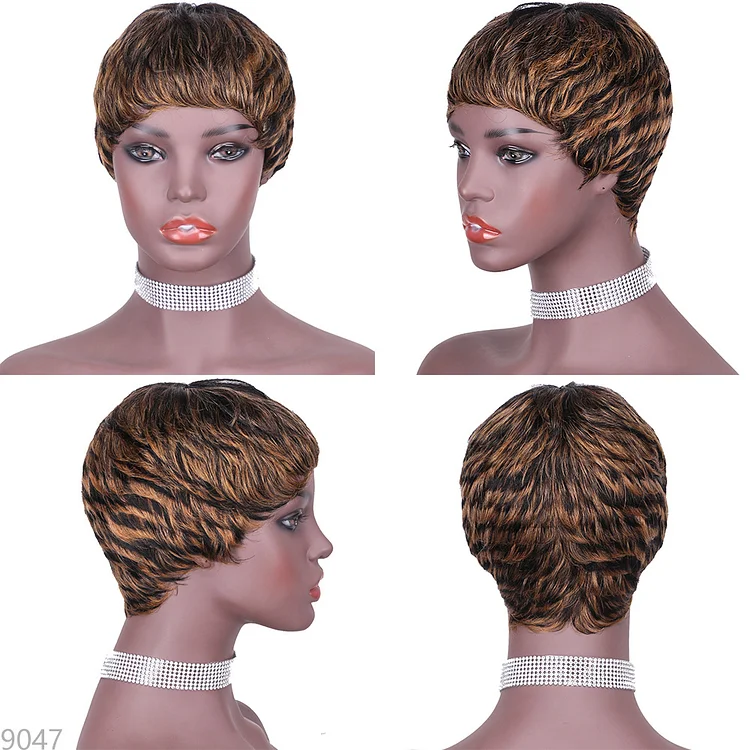 100% Human Hair P1B/27 Short Pixie Cut Wig with Bangs for Women