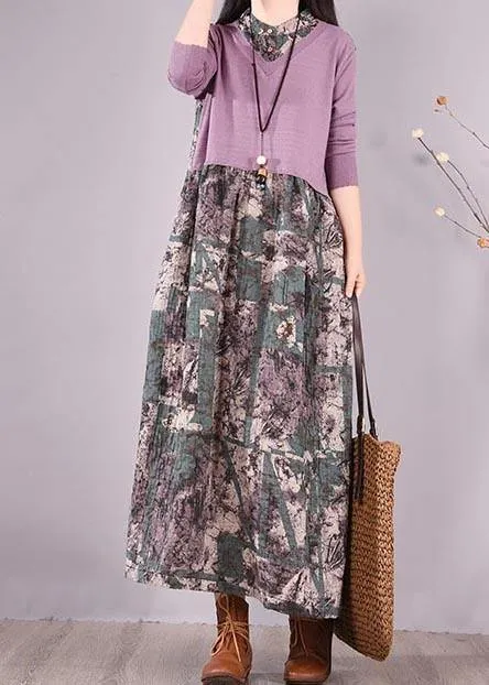 Natural Patchwork Spring Clothes Fabrics Purple Print Loose Dress
