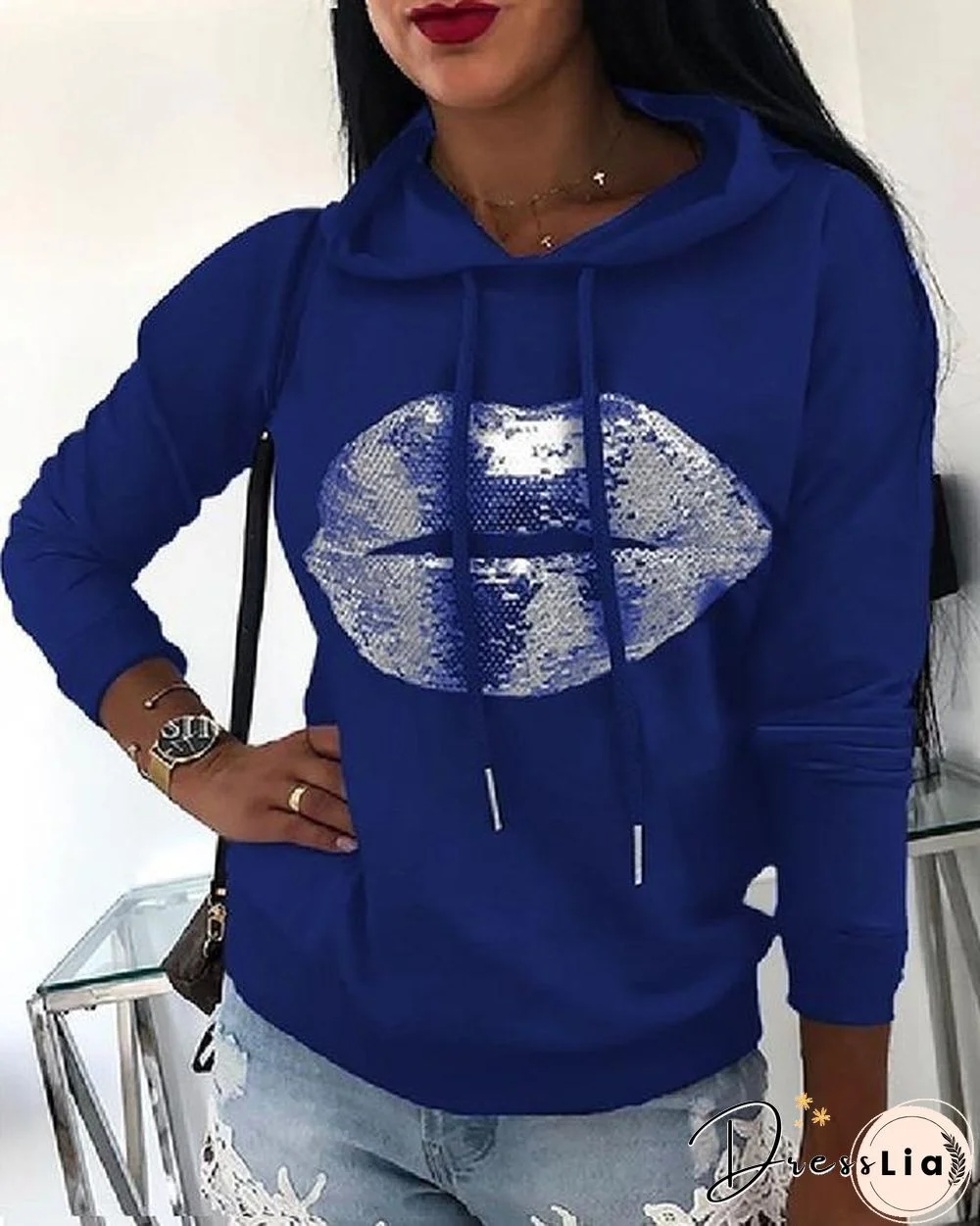 Fall Winter Printed Lip Loose Hoodies