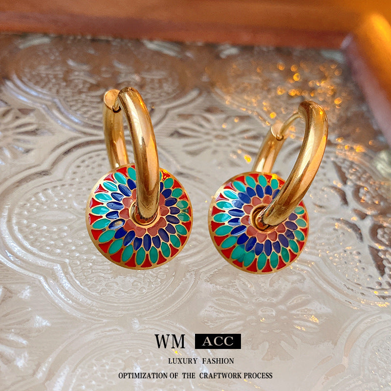 Women Medieval Circle Geometric Titanium Steel Oil Dripping Earrings