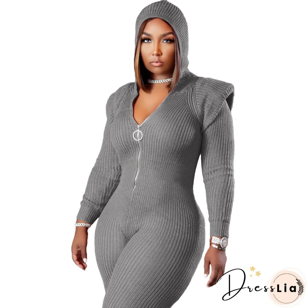 Knitted Long Sleeve Shoulder Padded Hooded Jumpsuit