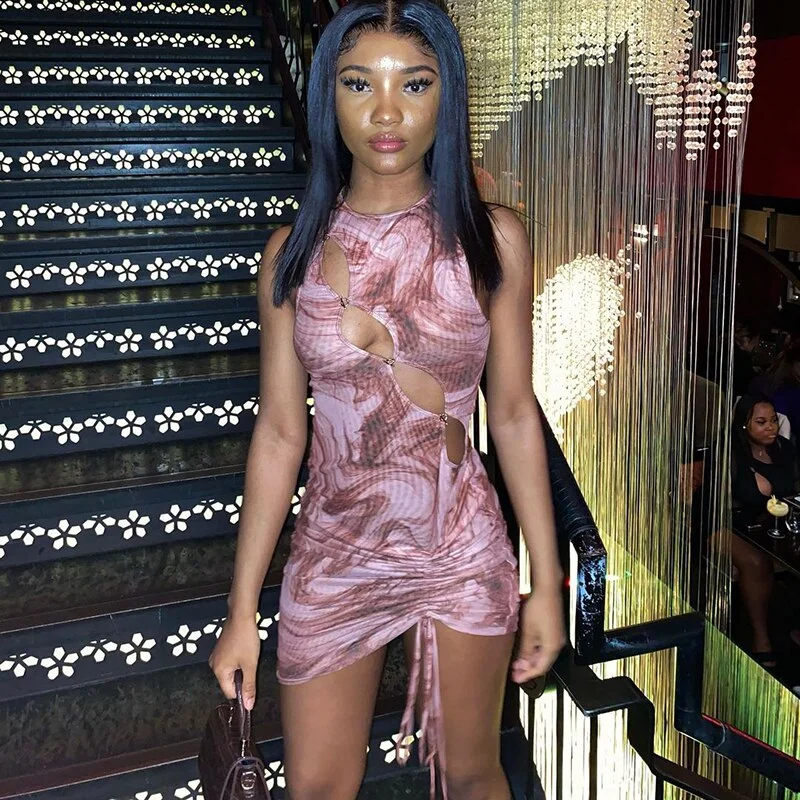 Hugcitar Bandage Drawstrings Sleeveless Hollow Out Ruched Solid Bodycon Mini Dress 2022 Sexy Women Streetwear Y2K Party Club