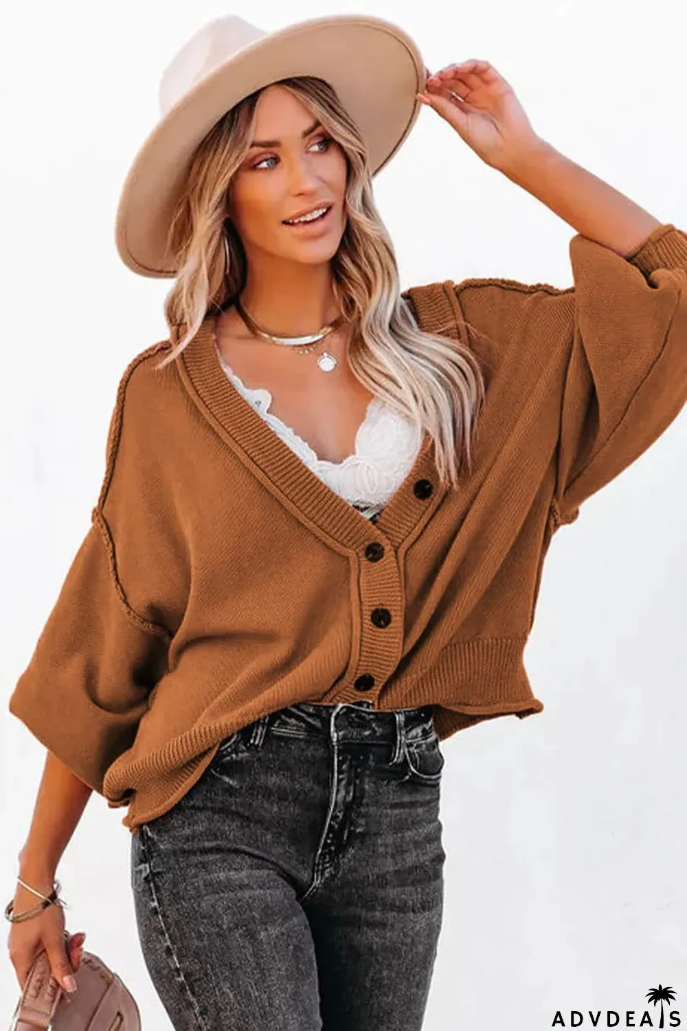 Reverse Seam Trim Puff Sleeve Plunging Cardigan