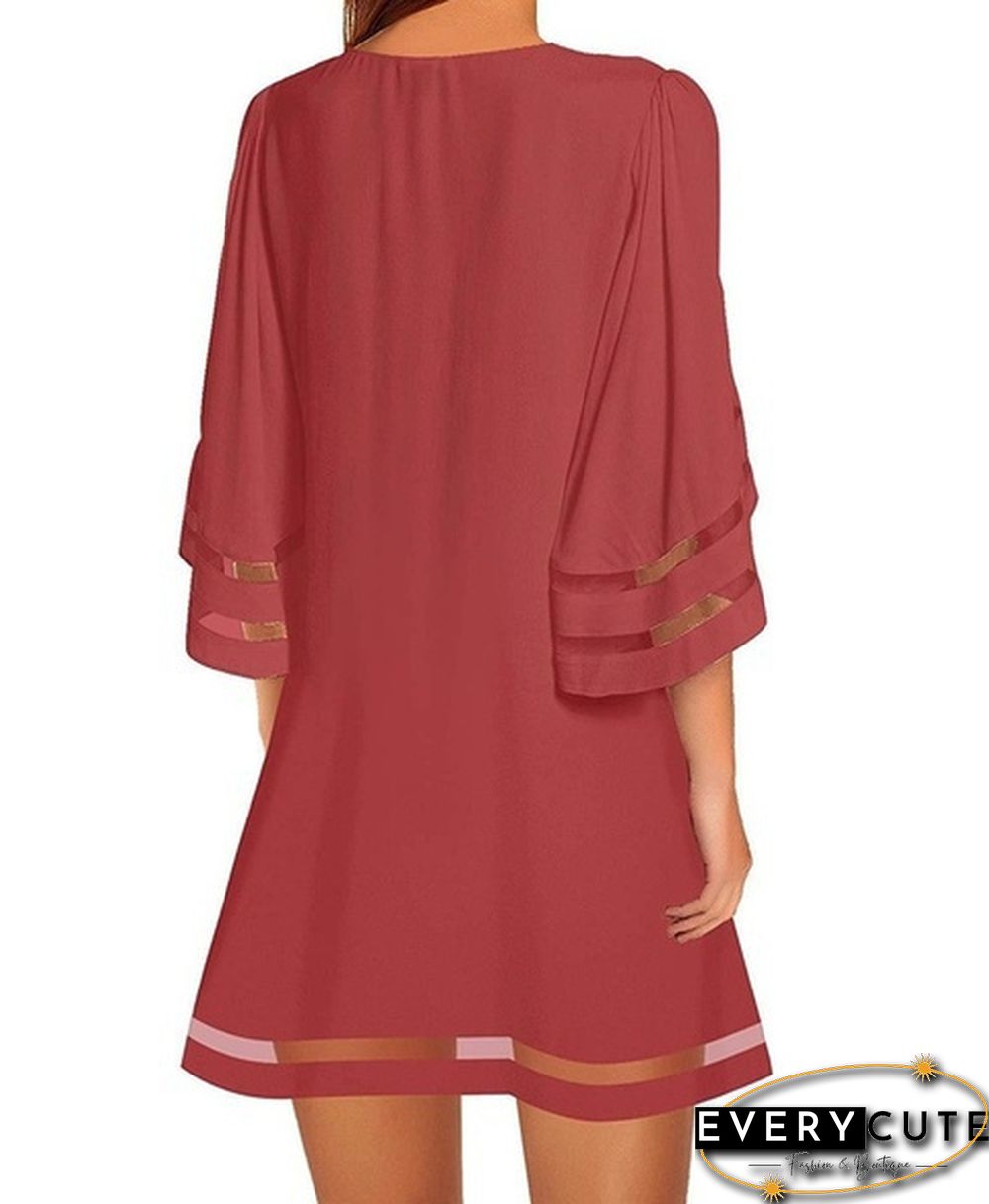 New summer womens short sleeve Round-neck flared casual dress solid color patchwork