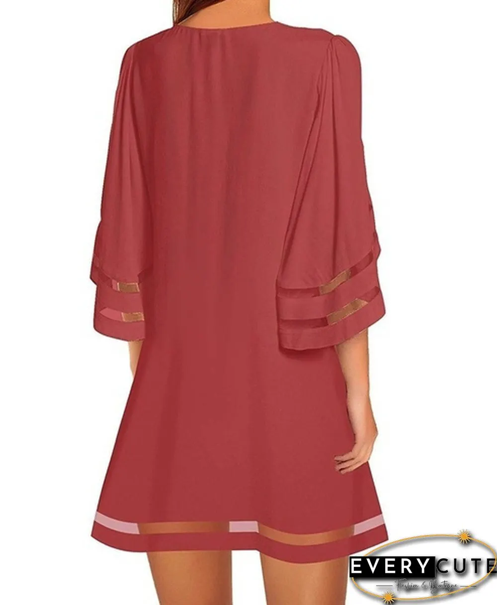 New summer womens short sleeve Round-neck flared casual dress solid color patchwork