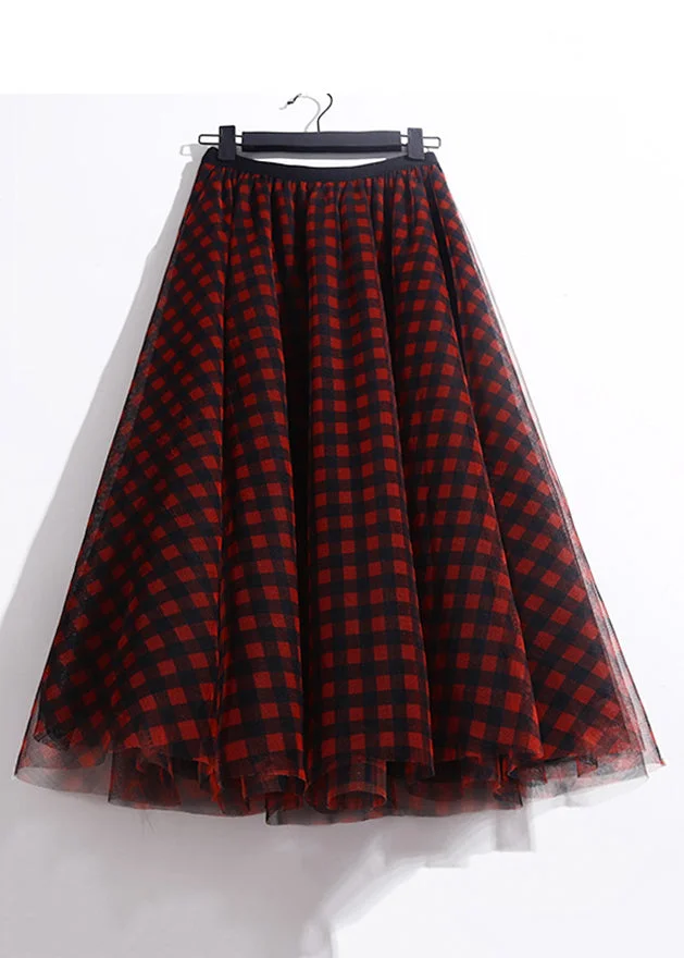Red Print Tulle A Line Skirts Elastic Waist