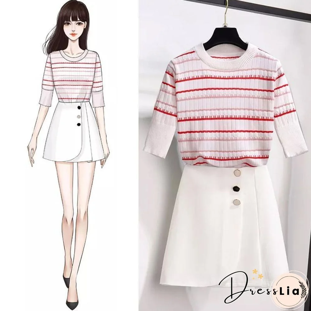 Stripe Knit Tee+button Skirt P15525