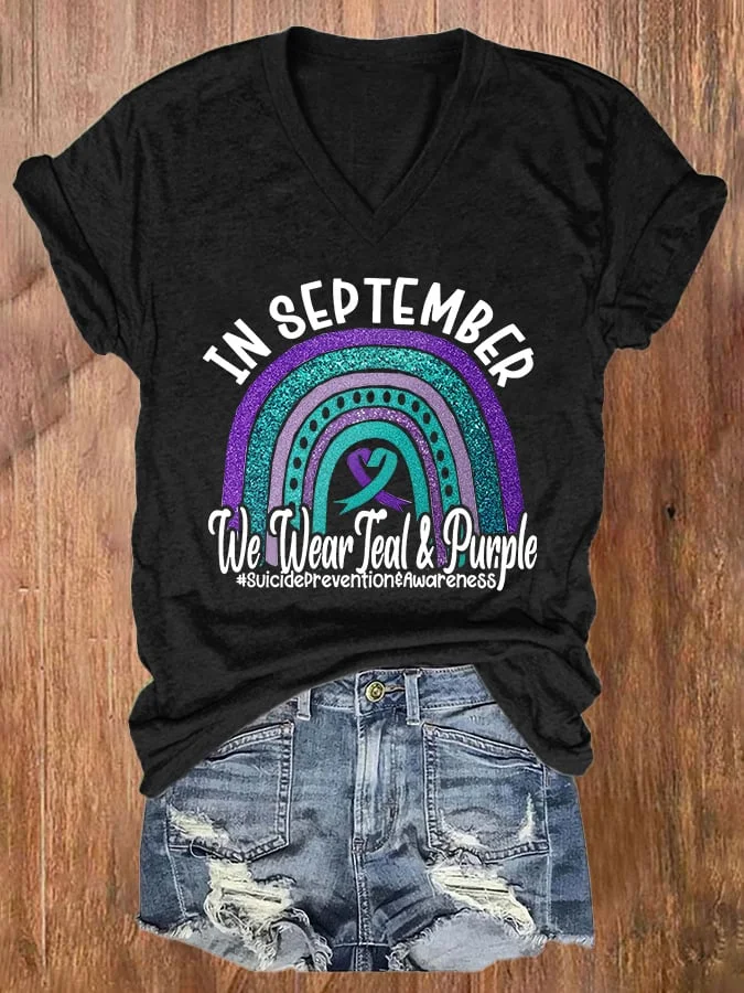 V-neck In September We Wear Teal And Purple Prevention Print T-Shirt socialshop