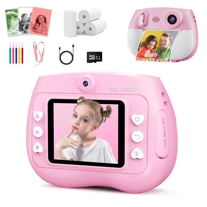 TOPVISION Kids Camera with Instant Printing, 1080P HD Digital Cameras with 32GB Storage Card  4 Paper Rolls, Gift for Boys  Girls Ages 4 12  Pink