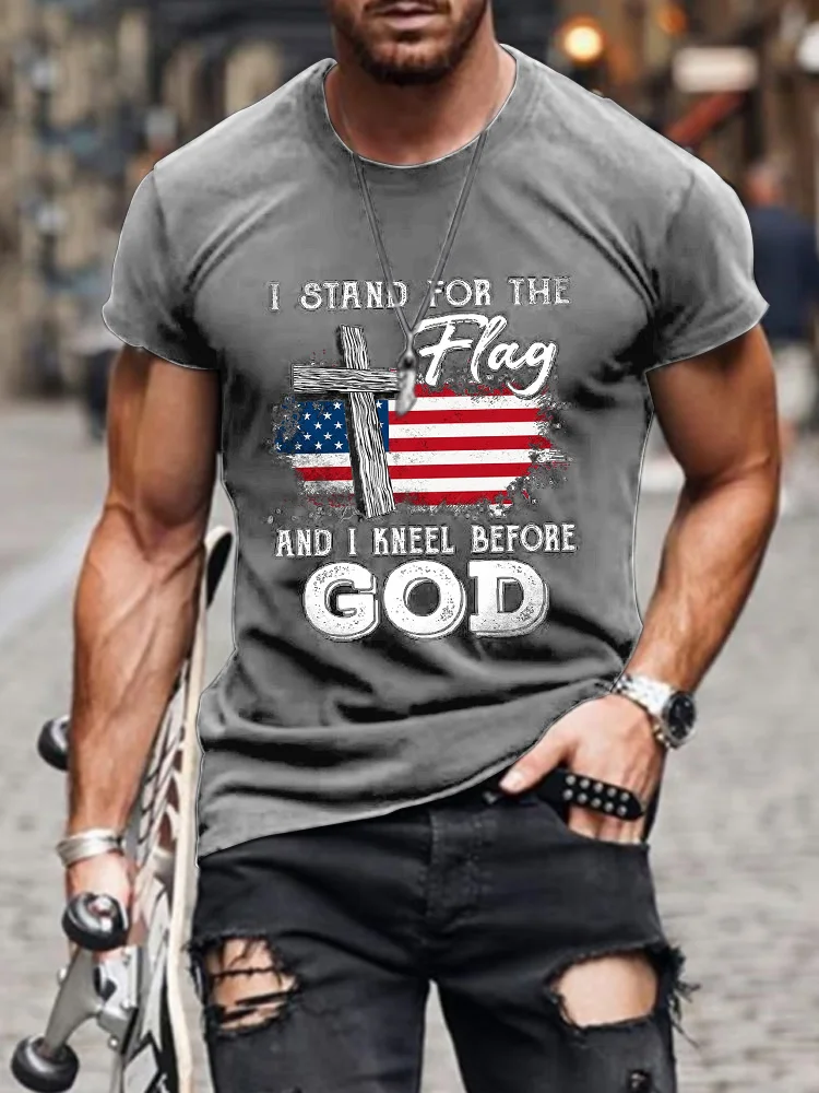 Men's Casual Christian Faith American Flag Graphic Print Short Sleeve T-shirt