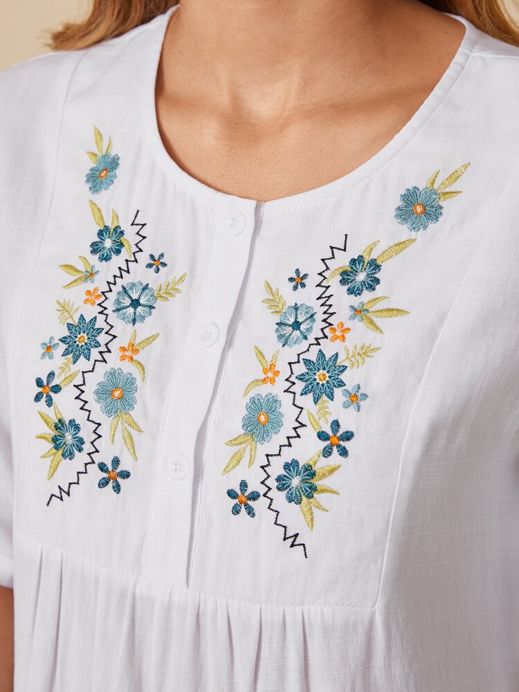 Embroidery Flowers Buttons Pleated Short Sleeve Blouse for Women P1858241