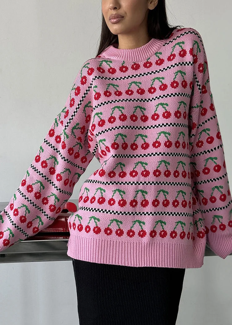 New Pink O Neck Thick Print Knit Short Sweater Fall